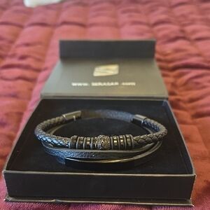 Black Leather Bracelet with Beaded Accents